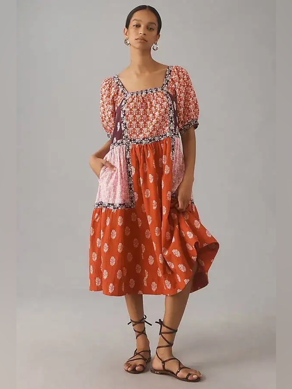 Maeve Short-Sleeve Square-Neck Tape-Detail Midi Dress
